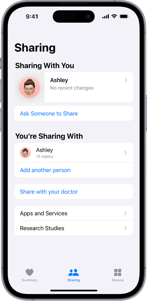 V aplikaciji Health je izbran zavihek Sharing.