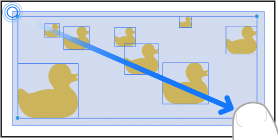 Ilustracija, ki prikazuje vlečenje prsta za izbiro elementov v aplikaciji Freeform.