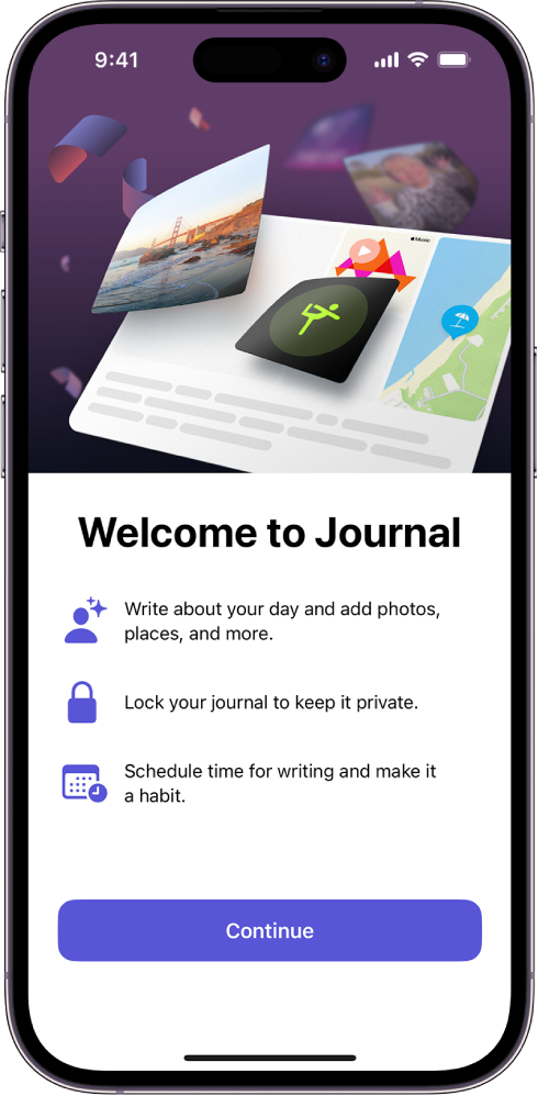 Zaslon dobrodošlice v aplikaciji Journal.