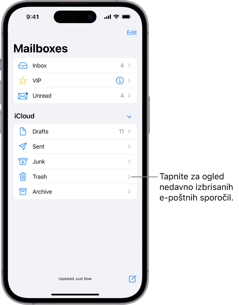 Zaslon Mailboxes. Pod možnostjo iCloud so nabiralniki navedeni od zgoraj navzdol, vključno z nabiralnikom Trash. Tapnite ga, če si želite ogledati nedavno izbrisana e-poštna sporočila.