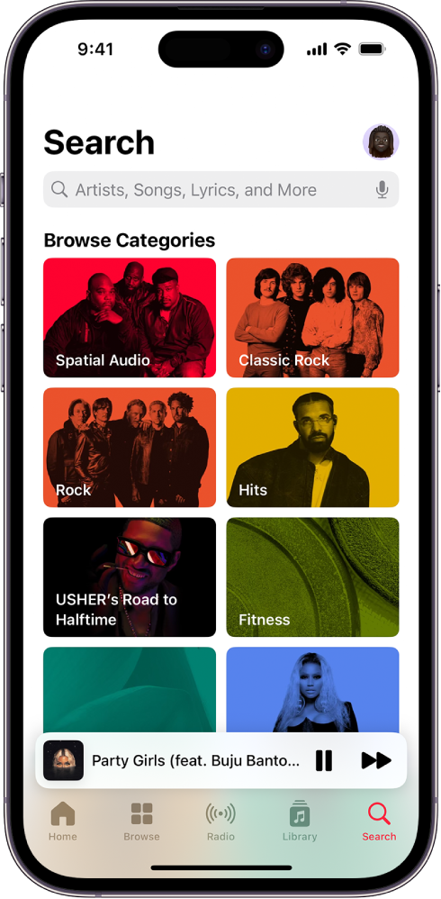 Zaslon Search s prikazom iskalnega polja na vrhu. Razdelek Browse Categories spodaj prikazuje osem kategorij.
