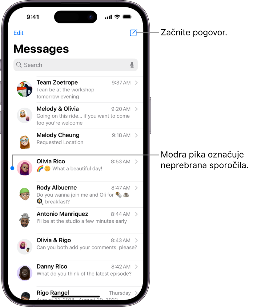Seznam pogovorov v aplikaciji Messages z gumbom Compose zgoraj desno. Modra pika levo od sporočila označuje neprebrano sporočilo.