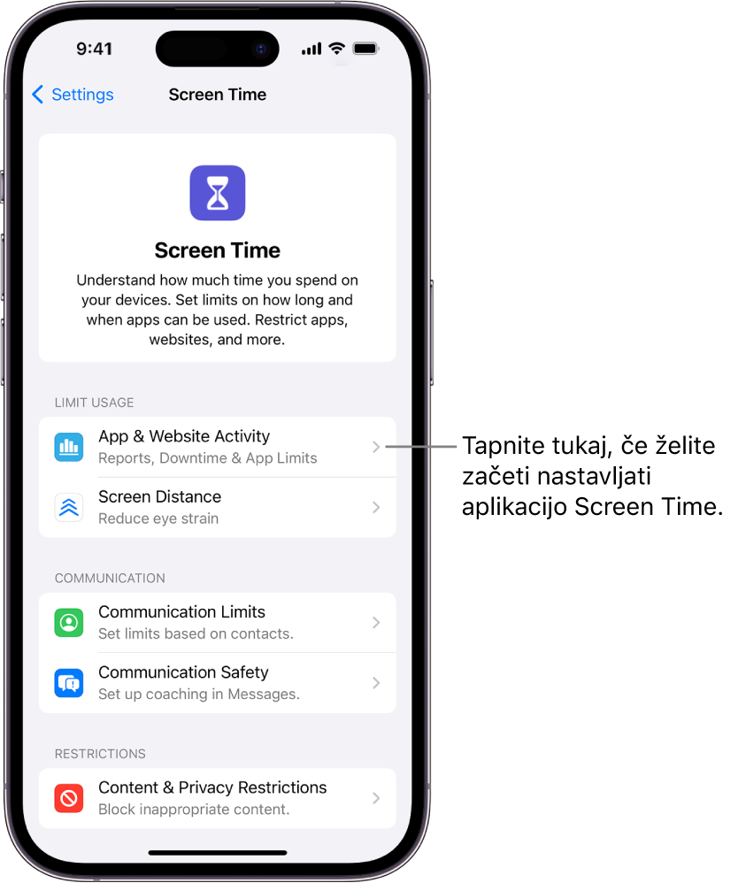 Zaslon za nastavitev aplikacije Screen Time, ki prikazuje, da se za začetek dotaknete App & Website Activity.