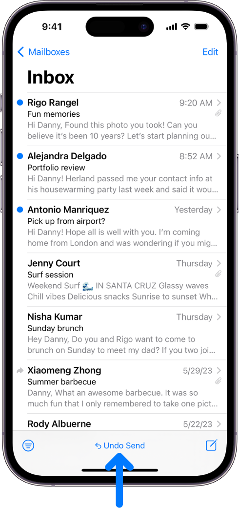 Zaslon nabiralnika, na katerem je prikazan seznam e-poštnih sporočil. Gumb Undo Send, da povlečete nazaj nedavno poslano e-poštno sporočilo, je na sredini dna zaslona.