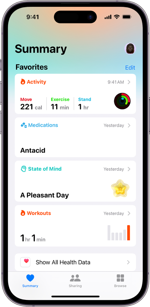 Zaslon Summary v aplikaciji Health. Informacije o aktivnosti, zdravilih, duševnem stanju in vadbah so prikazane v možnosti Favorites.