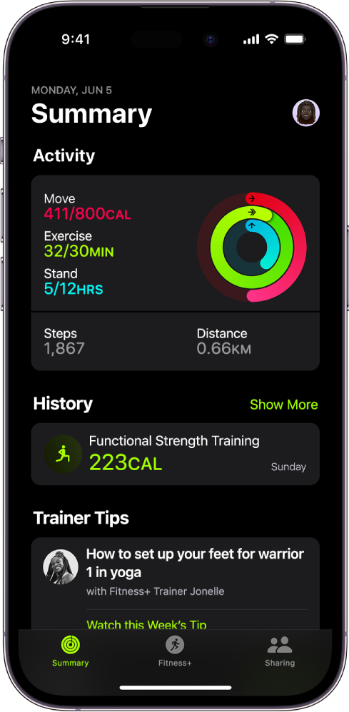 Zaslon Summary v aplikaciji Fitness, ki prikazuje območji Activity, History in Trainer Tips.