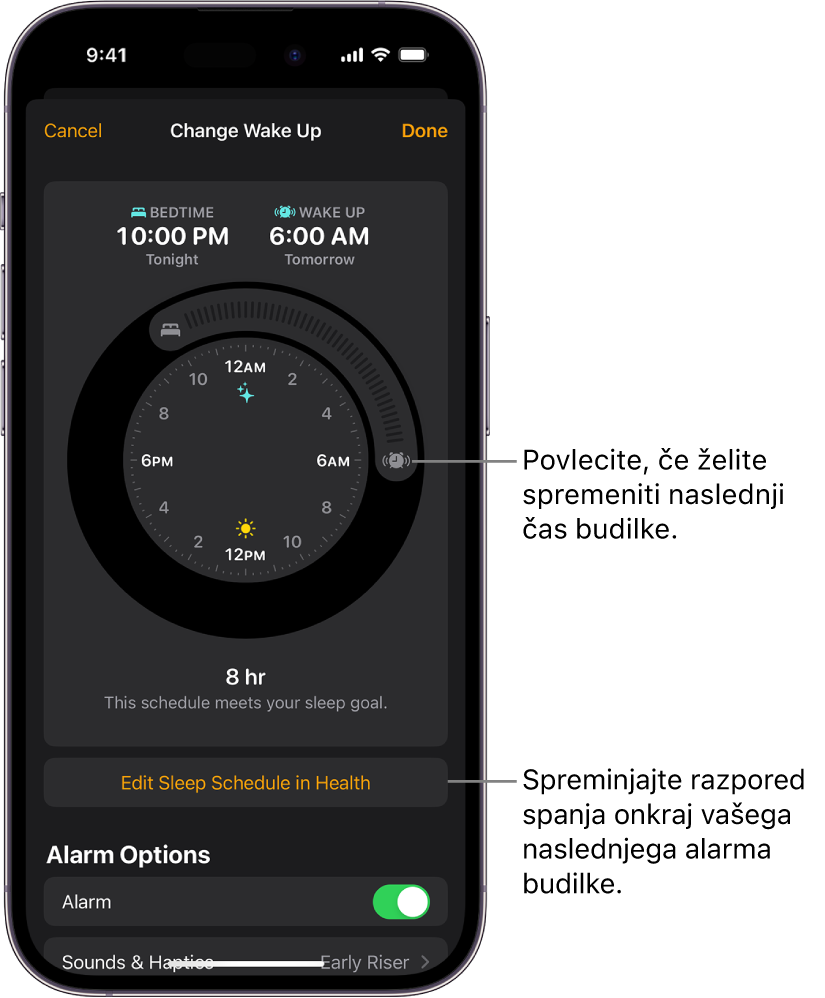 Zaslon za spremembo jutrišnjega alarma za bujenje z gumbi za spremembo časa za spanje in bujenje, gumbom za spremembo urnika spanja v aplikaciji Health in gumb za vklop ali izklop alarma za bujenje.