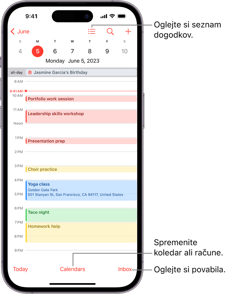 Koledar v pogledu Day, ki prikazuje dogodke določenega dne. Gumb Calendars je spodaj na sredini zaslona, gumb Inbox pa spodaj desno.