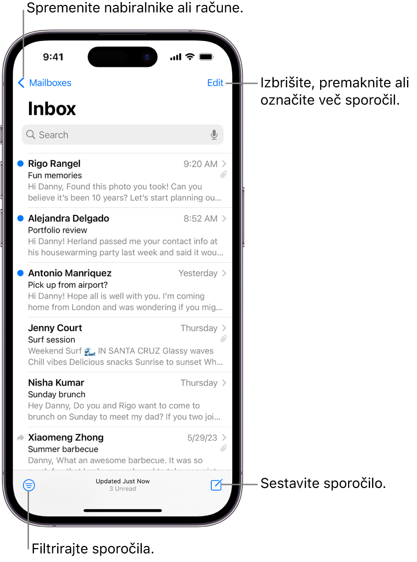Zaslon Mail Inbox, na katerem je prikazan seznam e-poštnih sporočil.