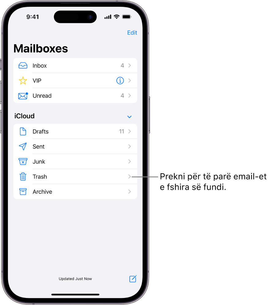 Ekrani Mailboxes. Nën iCloud, kutitë postare janë renditur nga lart poshtë, duke përfshirë kutinë postare Trash. Prekeni atë për të parë emailet e fshira së fundi.