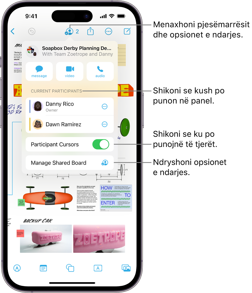 Një panel i përbashkët i Freeform në iPhone me menynë e bashkëpunimit të hapur.