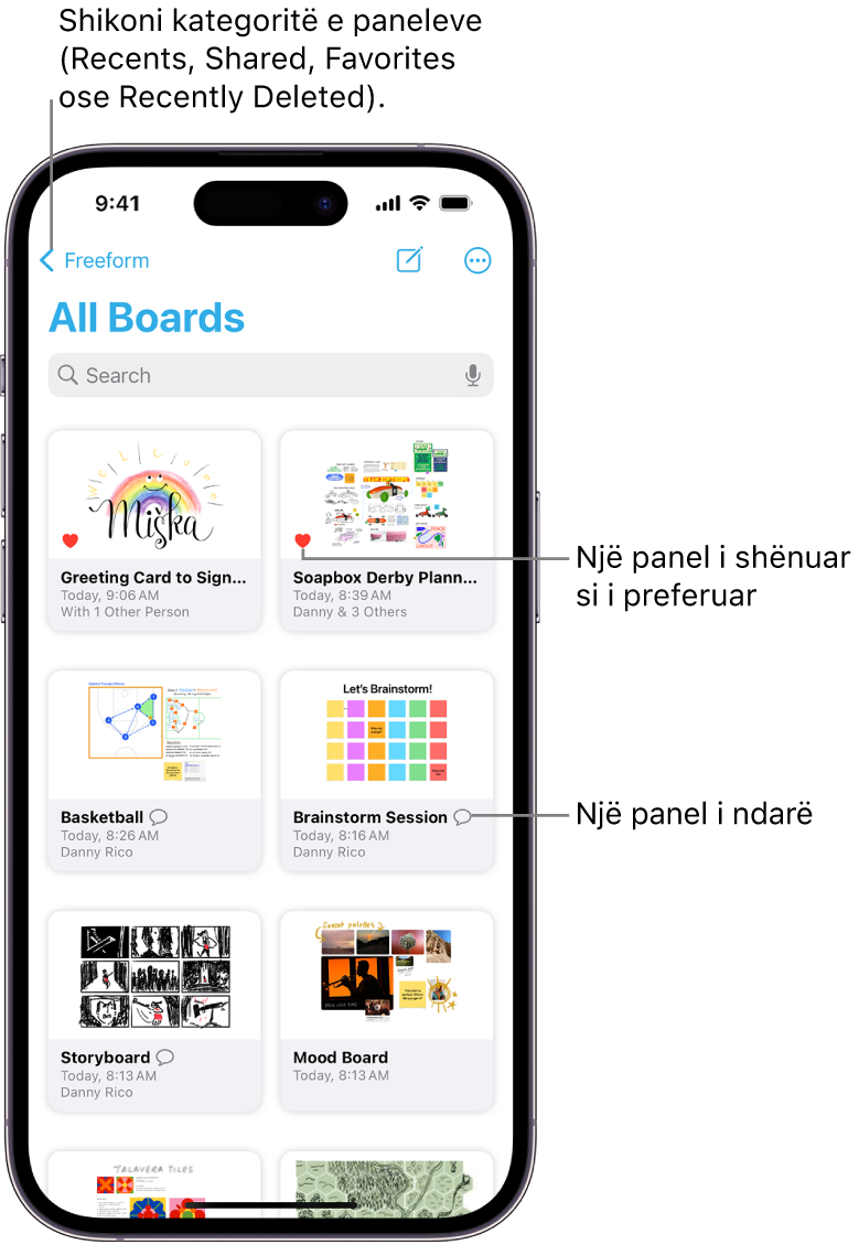 Ekrani All Boards i Freeform është i hapur dhe shfaq tetë miniatura panelesh.