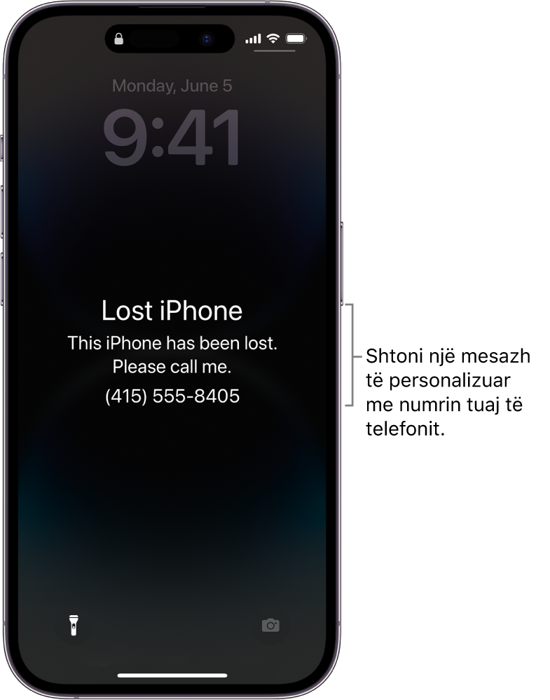 Një iPhone Lock Screen me një mesazh për iPhone të humbur. Mund të shtoni një mesazh të personalizuar me numrin tuaj të telefonit.