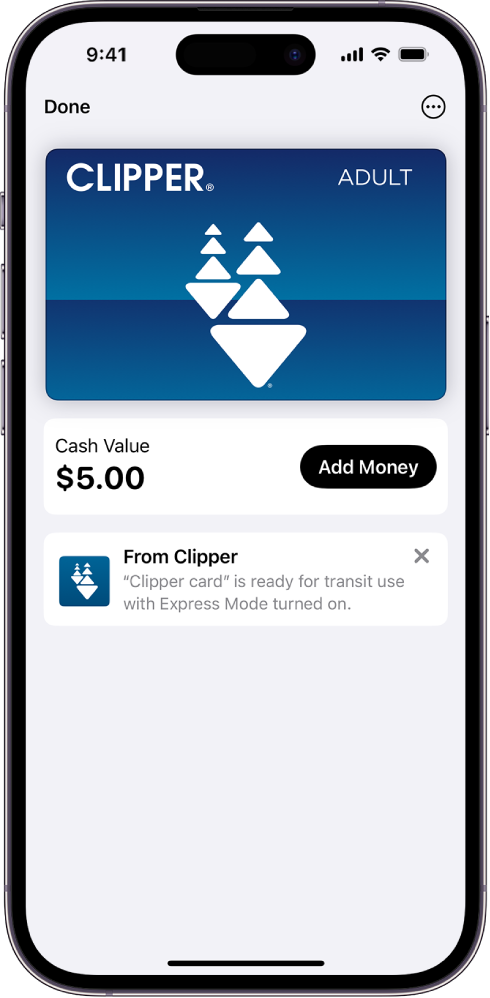 Një kartë transporti në aplikacionin Wallet. Poshtë kartës është bilanci, pas butonit Add Money.