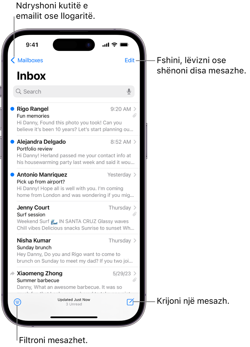Mail Inbox, duke shfaqur një listë me emaile.