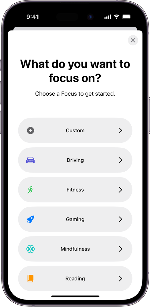 Një ekran i konfigurimit të Focus për një nga opsionet shtesë të dhëna të Focus, duke përfshirë Custom, Driving, Fitness, Gaming, Mindfulness dhe Reading.