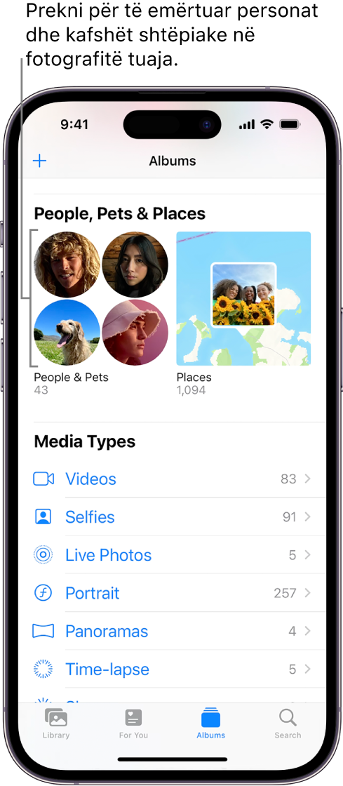 Ekrani Albums në aplikacionin Photos. People & Pets ndodhet në krye të ekranit.