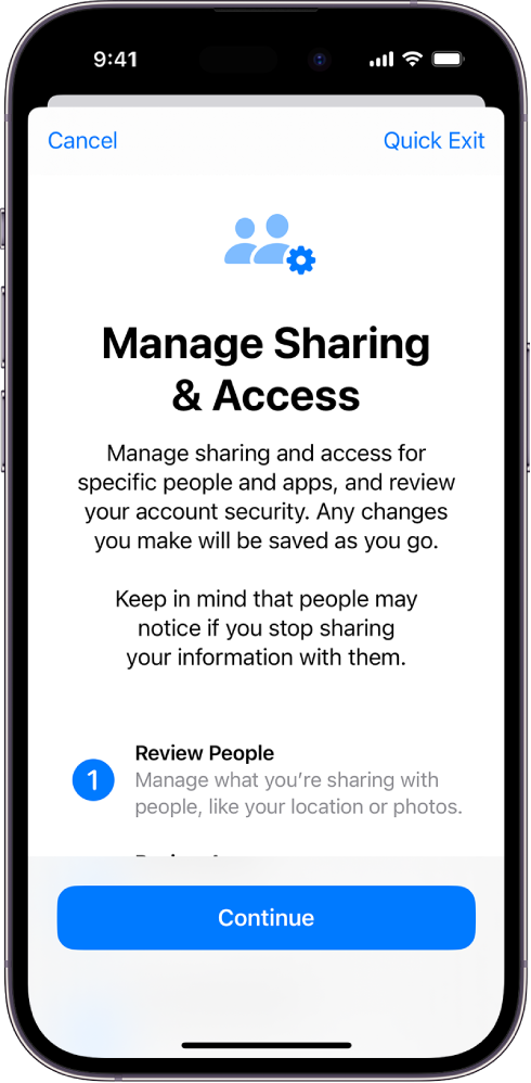 Ekrani Manage Sharing & Access me informacione se si funksionon veçoria. Butoni Continue është në fund.