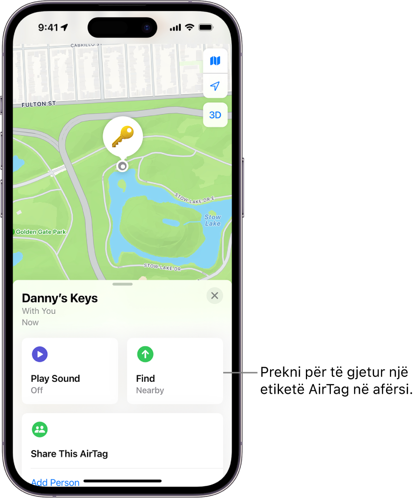 Hapet aplikacioni Find My, duke shfaqur çelësat e Danny në Golden Gate Park. Prekni butonin Find për të lokalizuar një AirTag në afërsi.