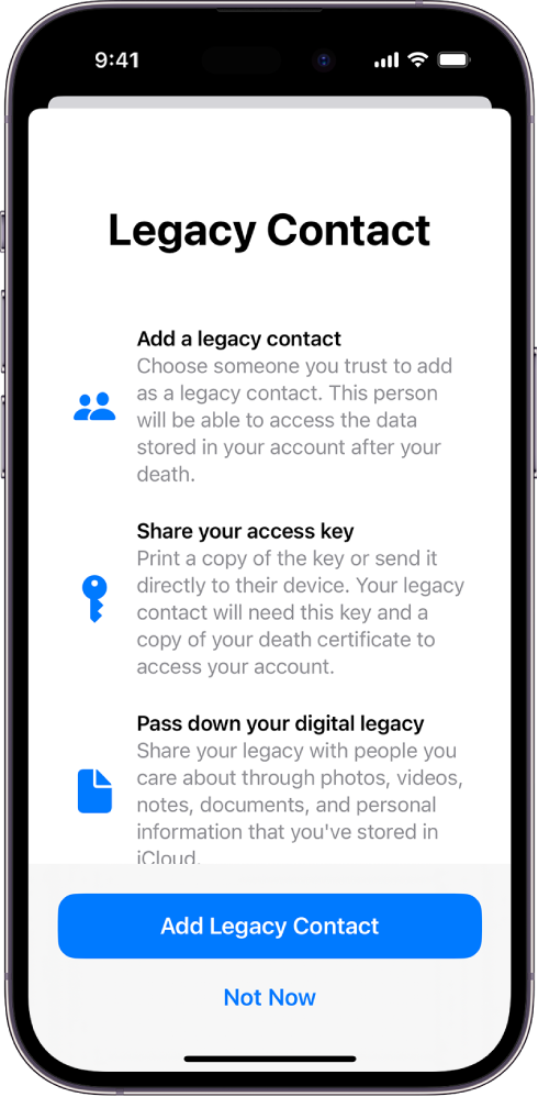 Екран Legacy Contact са информацијама о функцији. Дугме Add Legacy Contact је на дну.