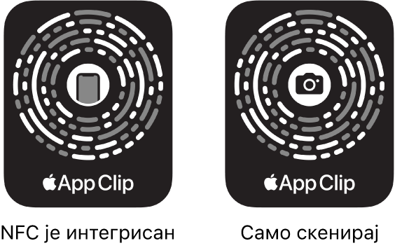 Са леве стране је приказан App Clip Code у ком је интегрисан NFC и у чијој средини се налази икона iPhone. Са десне стране је приказан App Clip Code само за скенирање у чијој средини се налази икона камере.