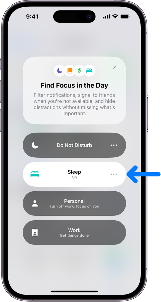 Екран Focus са укљученом опцијом Sleep Focus и искљученим опцијама Do Not Disturb Focus, Personal Focus, and Work Focus.