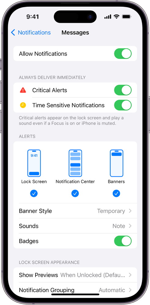 iPhone са Messages подешавањима за обавештења и упозорења.