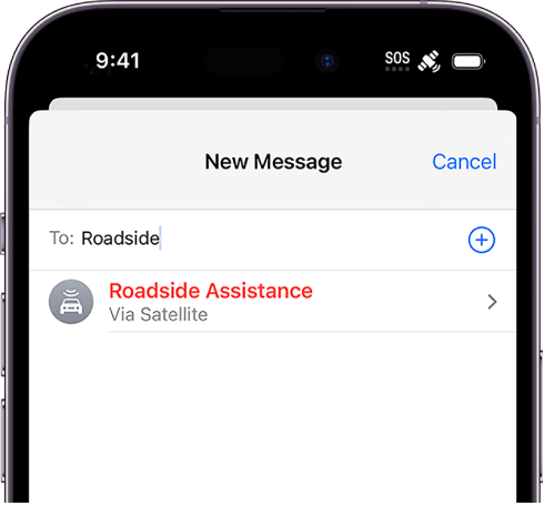 Нова порука насловљена на „roadside“. Испод је веза за Roadside Assistance Via Satellite.