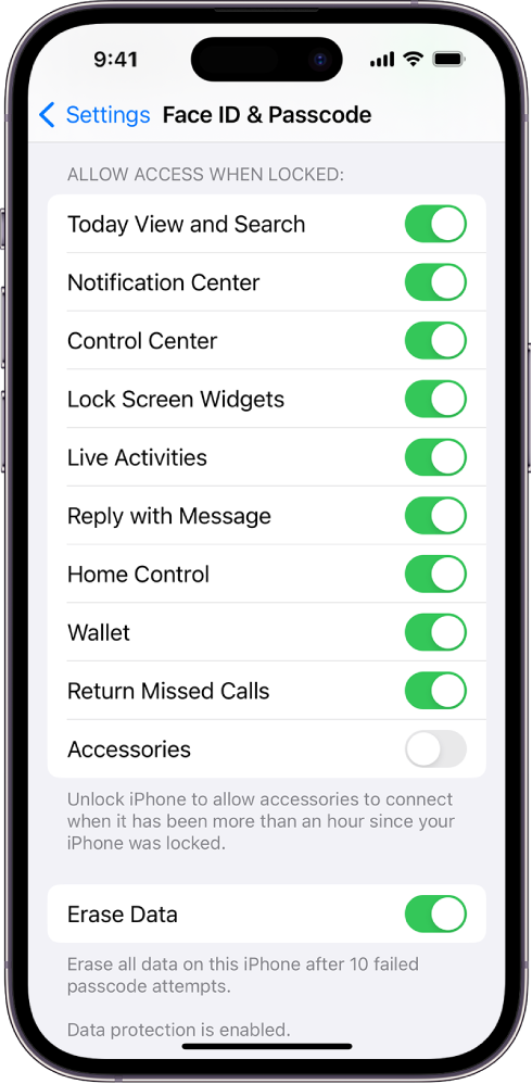 Екран Face ID and Passcode са подешавањима за омогућавање приступа одређеним функцијама када је iPhone закључан.