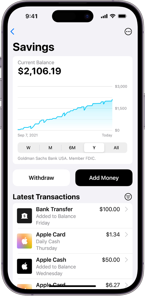 Екран приказује детаље рачуна Savings, укључујући тренутни салдо и графикон салда током времена на врху, дугмад за повлачење или додавање новца у средини, као и последњу трансакцију на дну.