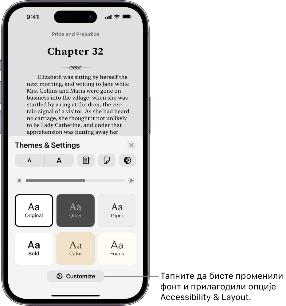 Страна књиге у апликацији Books. Опције Themes & Settings приказују контроле за величину фонта, приказ листања, стил окретања страница, осветљеност и опције фонта.