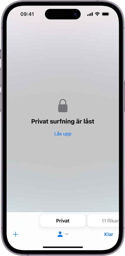 Safari är öppen i privat surfningsläge. I mitten av skärmen visas orden Privat surfning är låst. Nedanför finns knappen Lås upp.