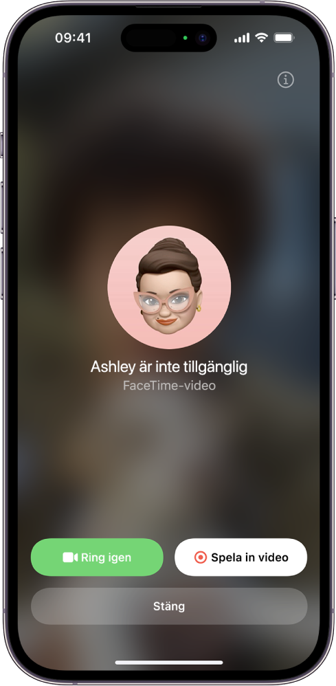 FaceTime-skärmen som visar att den person som ringts upp inte är tillgänglig. Längst ned på skärmen finns knapparna Ring igen och Spela in video.