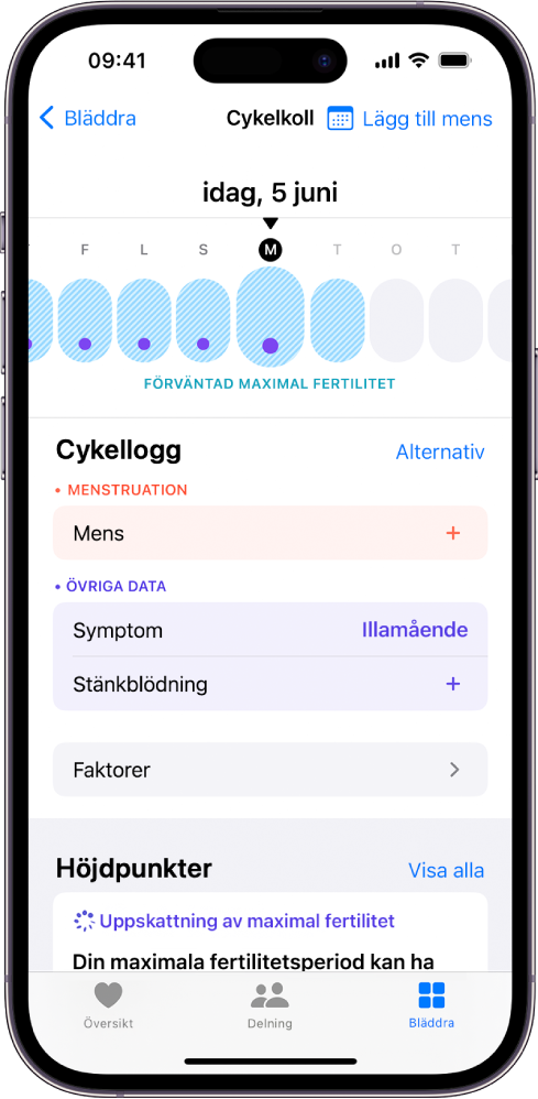 Skärmen Cykelkoll med en tidslinje högt upp som visar en uppskattad period av maximal fertilitet. Under tidslinjen finns alternativ för att lägga till information om menscykler, symptom och annat.