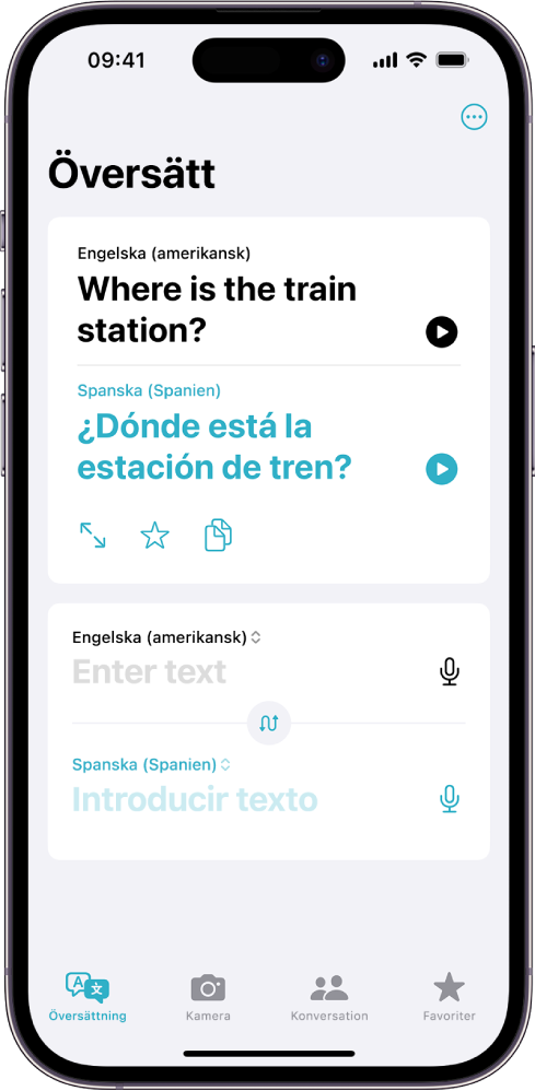 Fliken Översättning som visar en översatt fras från engelska till spanska. Nedanför den översatta frasen finns ett fält där du kan mata in text.