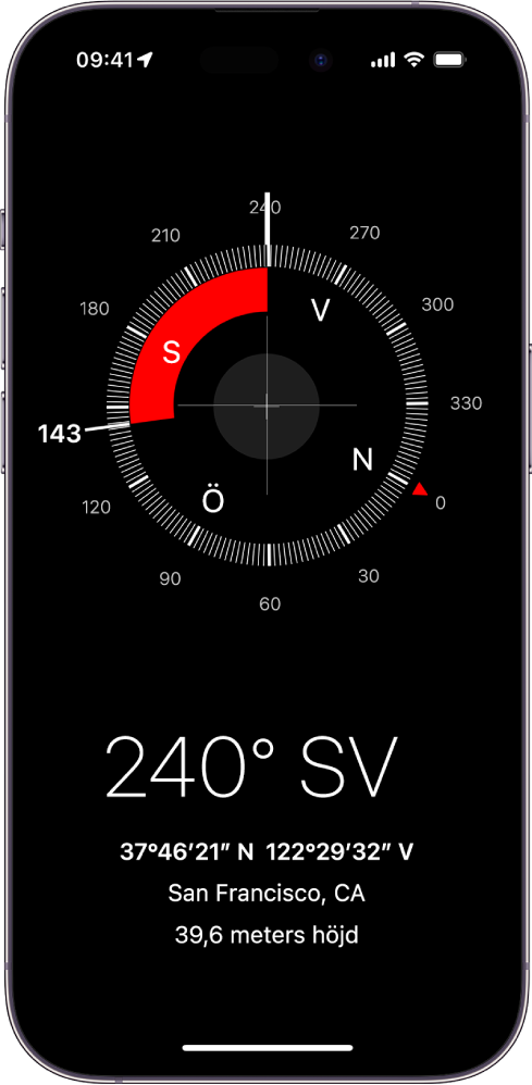 På kompasskärmen visas i vilket väderstreck iPhone pekar, den nuvarande platsen samt höjd över havet.