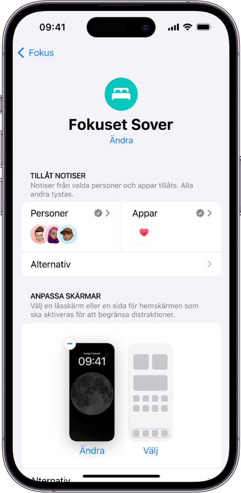 Skärmen för fokusläget Sover visar att tre personer och en app tillåts att skicka notiser.