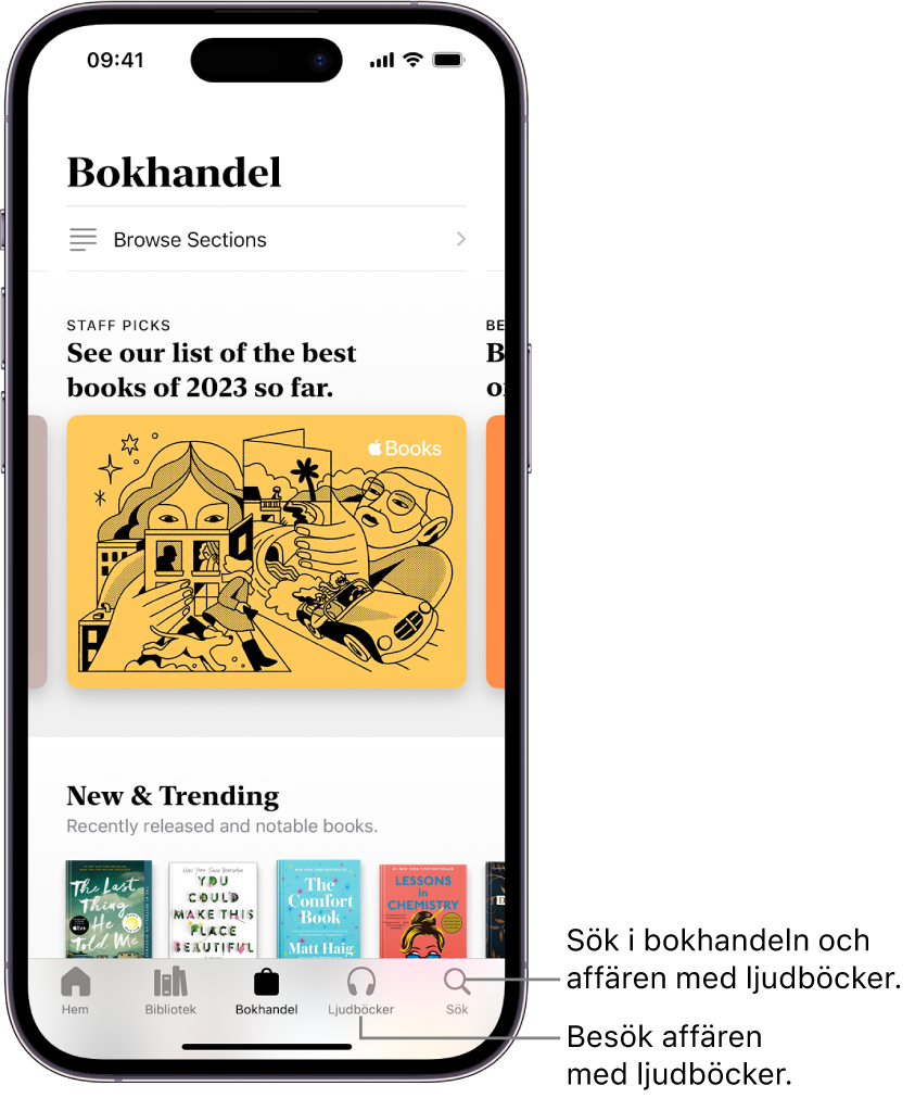 Skärmen Bokhandel i appen Böcker. Längst ned på skärmen visas, från vänster till höger, flikarna Hem, Bibliotek, Bokhandel, Ljudböcker och Sök. Fliken Bokhandel är markerad.