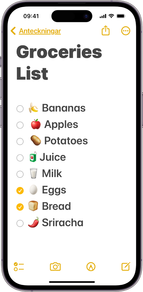 En lista i Påminnelser på iPhone med text i fetstil eftersom större hjälpmedelsstorlekar och knappformer är igång.