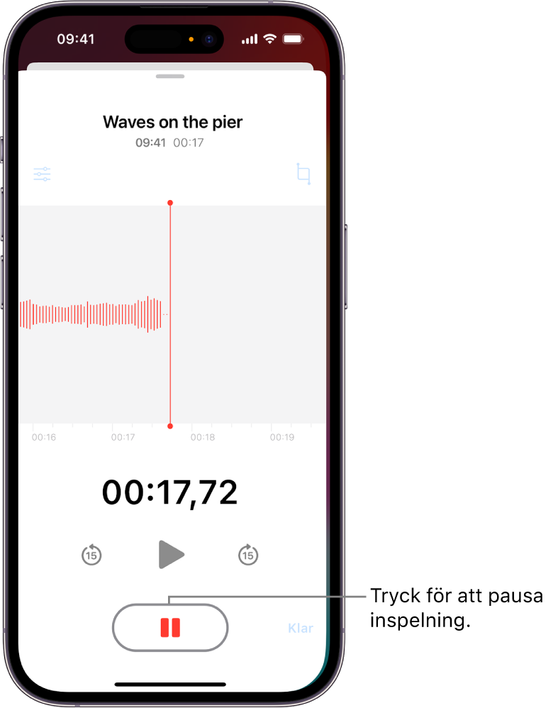 En Röstmemon-inspelning visar en vågform av den pågående inspelningen tillsammans med en tidsindikator och en knapp för att pausa inspelningen.