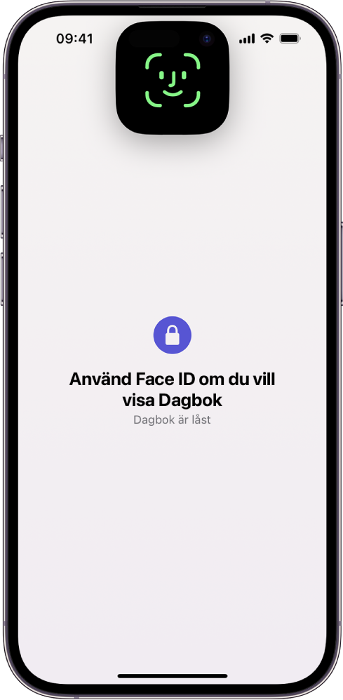 En skärm som uppmanar dig att använda Face ID till att låsa upp dagboken.