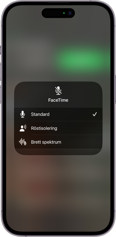 Inställningen Mikrofonläge för FaceTime-samtal i Kontrollcenter med ljudinställningarna Standard, Röstisolering och Brett spektrum.