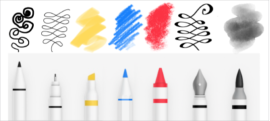 Några ritverktyg och deras streck i Freeform: markör, kulspetspenna, överstrykningspenna, blyertspenna, färgkrita, reservoarpenna och vattenfärg.