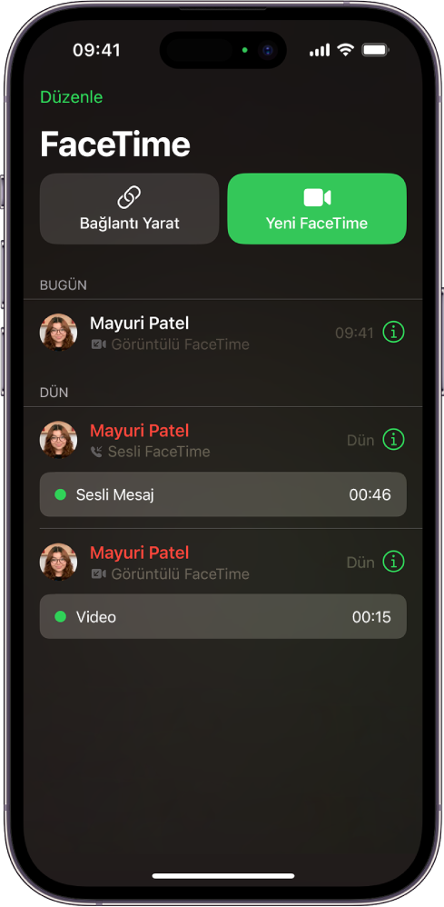 Bağlantı Yarat düğmesini ve FaceTime araması başlatmak için Yeni FaceTime düğmesini gösteren FaceTime araması başlatma ekranı.