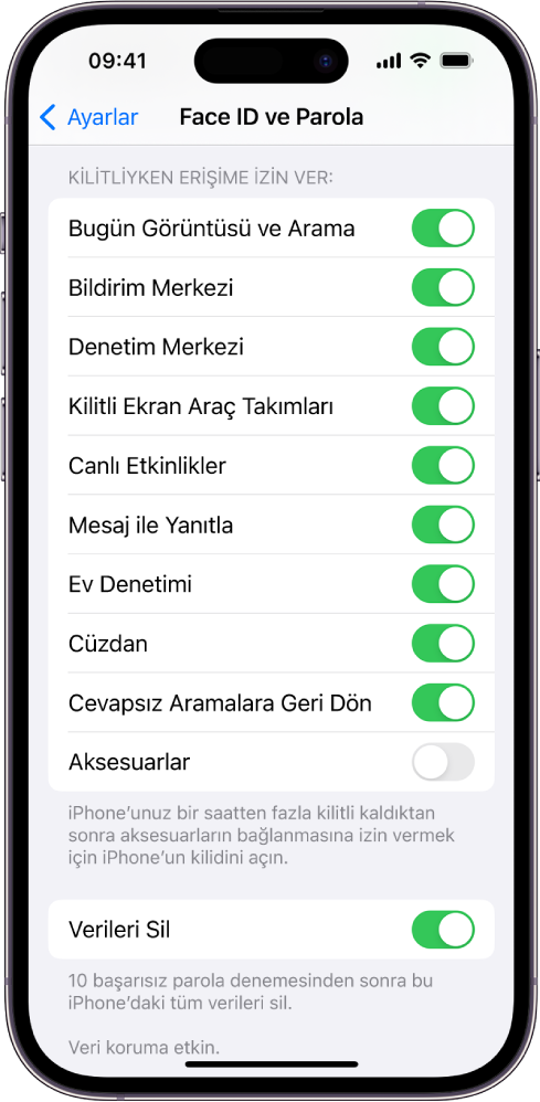 iPhone kilitliyken belirli özelliklere erişime izin verme ayarları ile Face ID ve Parola ekranı.