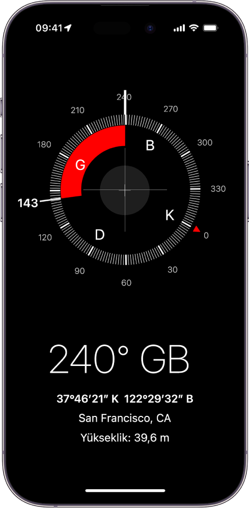 Pusula ekranı, iPhone’un işaret ettiği yönü, mevcut konumu ve yüksekliği gösteriyor.
