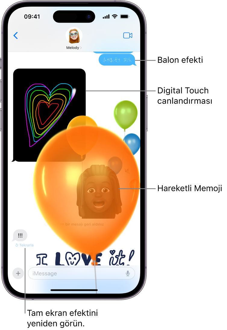Balon ve tam ekran efektlerin yanı sıra şu canlandırmaları içeren bir Mesajlar yazışması: Digital Touch ve el yazısı bir mesaj.