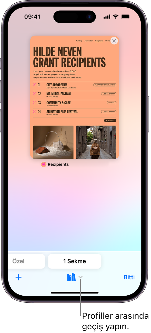 Açık bir Safari sekmesini gösteren bir iPhone ekranı. Ekranın en altında bir Safari profili simgesi var. Profiller arasında geçiş yapmak için simgeye dokunun.