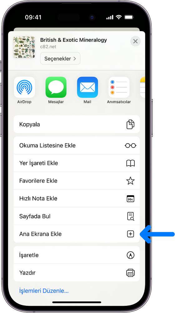 Safari’de web sitesindeki Paylaş düğmesine dokunuluyor ve Ana Ekrana Ekle’yi de içeren bir seçenek listesi görüntüleniyor.