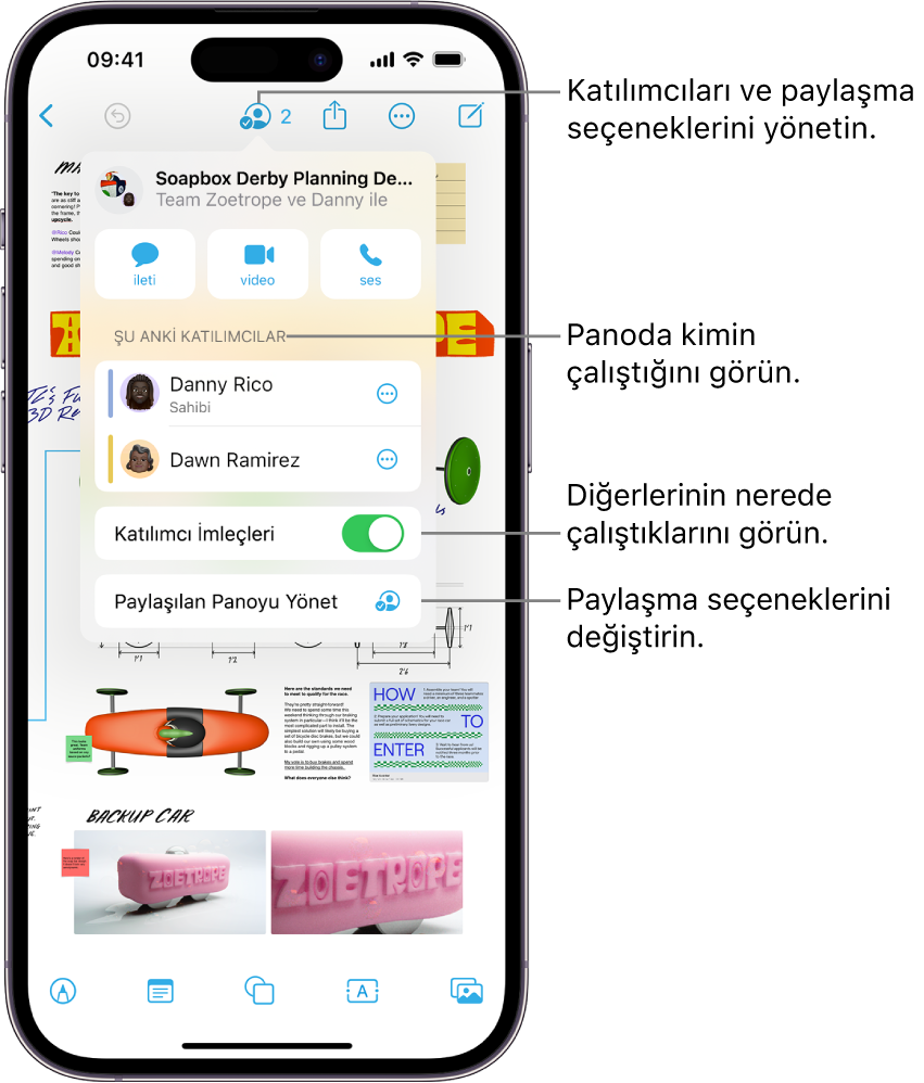 iPhone’da ortak çalışma menüsü açık durumda, paylaşılan bir Freeform panosu.